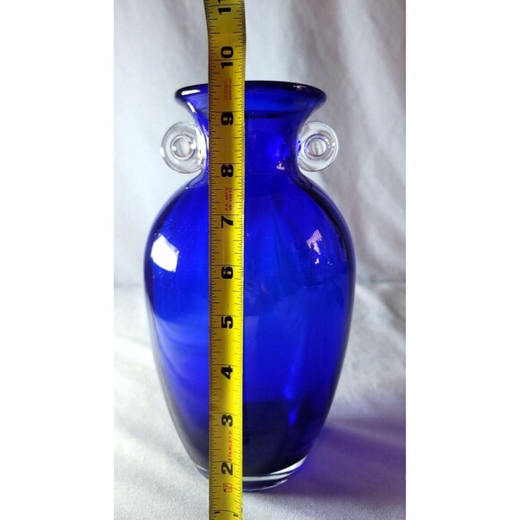 Cobalt Blue Amphora Vase 10"T Vintage Hand Blown w/ Clear Handles - Picture 10 of 10